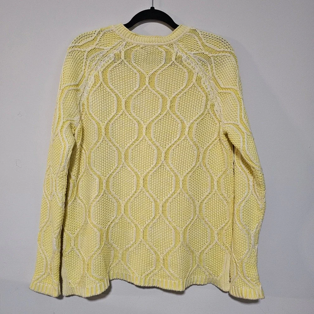Lands End Sweater Women L Yellow White Honeycomb Chunky Cable Knit Cotton Preppy